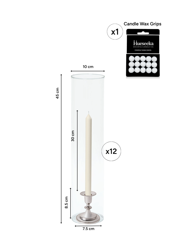 Ivory 30cm Dinner Candles with Small Antique Silver Eloise Candle Holders and Sleeves - Set of 12 Pack of 12