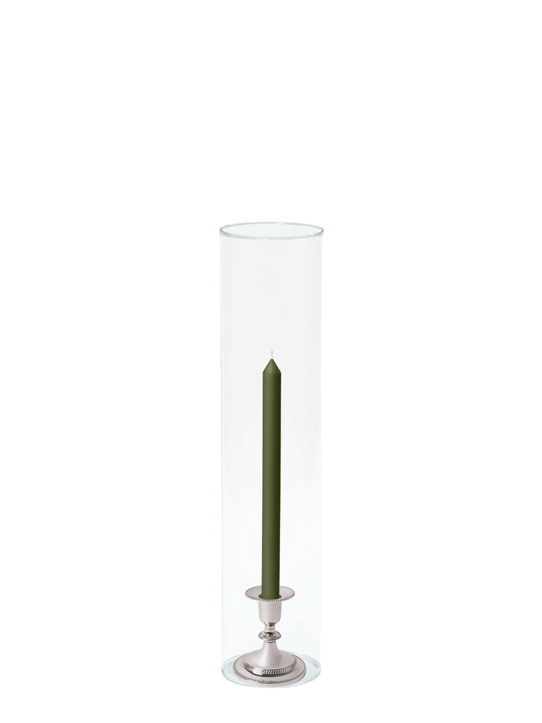 Olive 30cm Dinner Candles with Small Antique Silver Eloise Candle Holders and Sleeves - Set of 12 Pack of 12