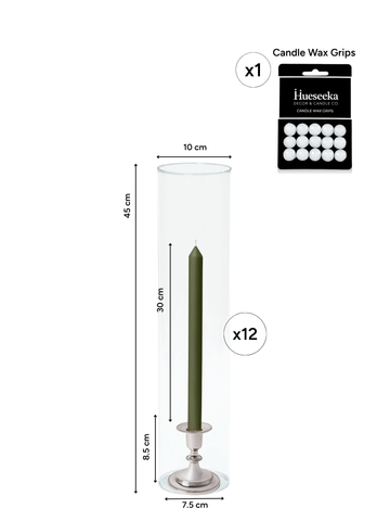 Olive 30cm Dinner Candles with Small Antique Silver Eloise Candle Holders and Sleeves - Set of 12 Pack of 12
