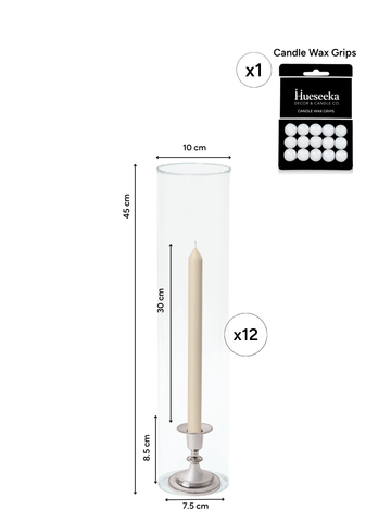Sandstone 30cm Dinner Candles with Small Antique Silver Eloise Candle Holders and Sleeves - Set of 12 Pack of 12