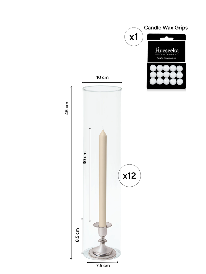 Sandstone 30cm Dinner Candles with Small Antique Silver Eloise Candle Holders and Sleeves - Set of 12 Pack of 12
