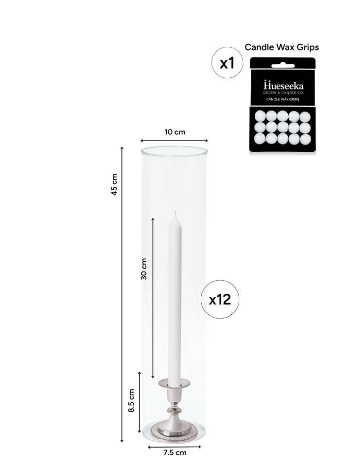 White 30cm Dinner Candles with Small Antique Silver Eloise Candle Holders and Sleeves - Set of 12 Pack of 12
