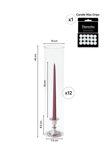Burgundy 35cm Taper Candles with Small Antique Silver Eloise Candle Holders and Sleeves - Set of 12 Pack of 12