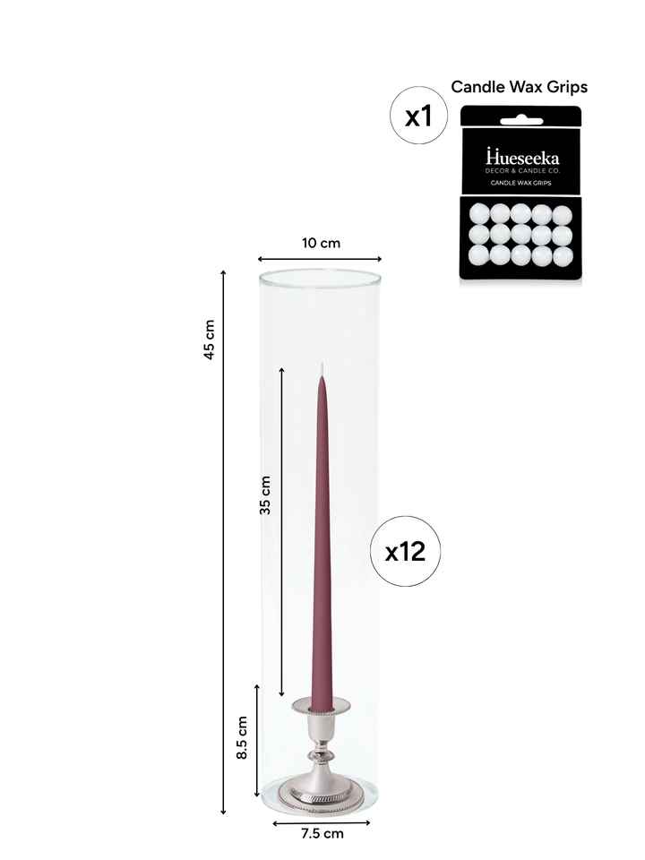 Burgundy 35cm Taper Candles with Small Antique Silver Eloise Candle Holders and Sleeves - Set of 12 Pack of 12
