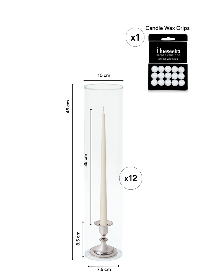 Ivory 35cm Taper Candles with Small Antique Silver Eloise Candle Holders and Sleeves - Set of 12 Pack of 12