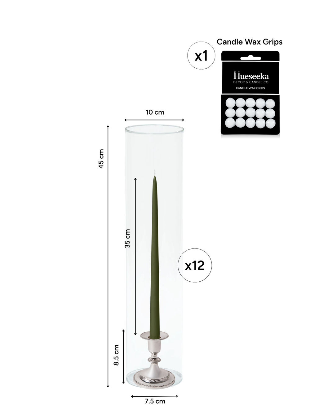 Olive 35cm Taper Candles with Small Antique Silver Eloise Candle Holders and Sleeves - Set of 12 Pack of 12