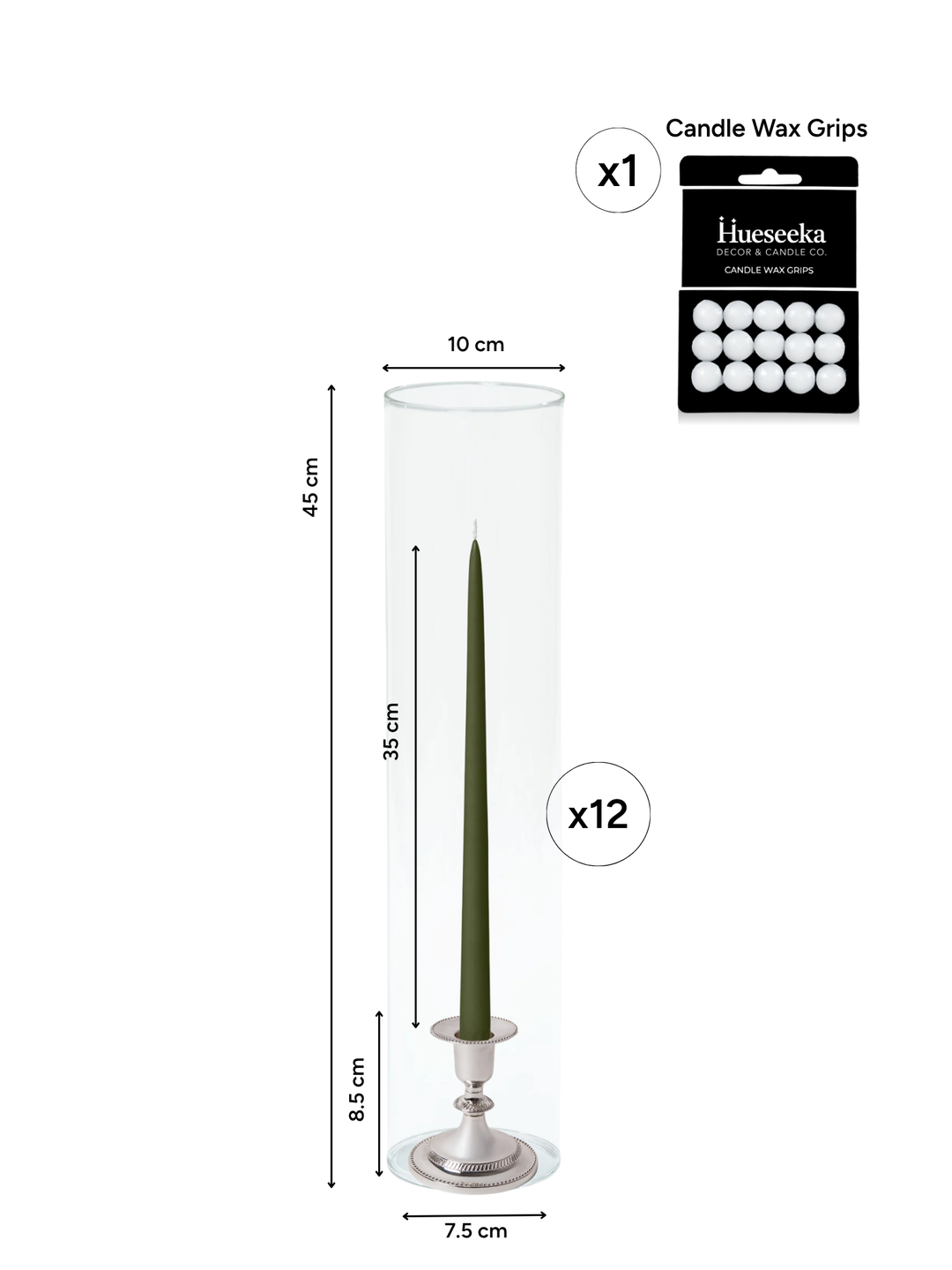 Olive 35cm Taper Candles with Small Antique Silver Eloise Candle Holders and Sleeves - Set of 12 Pack of 12