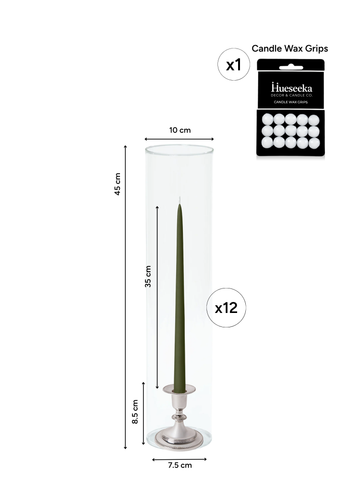 Olive 35cm Taper Candles with Small Antique Silver Eloise Candle Holders and Sleeves - Set of 12 Pack of 12