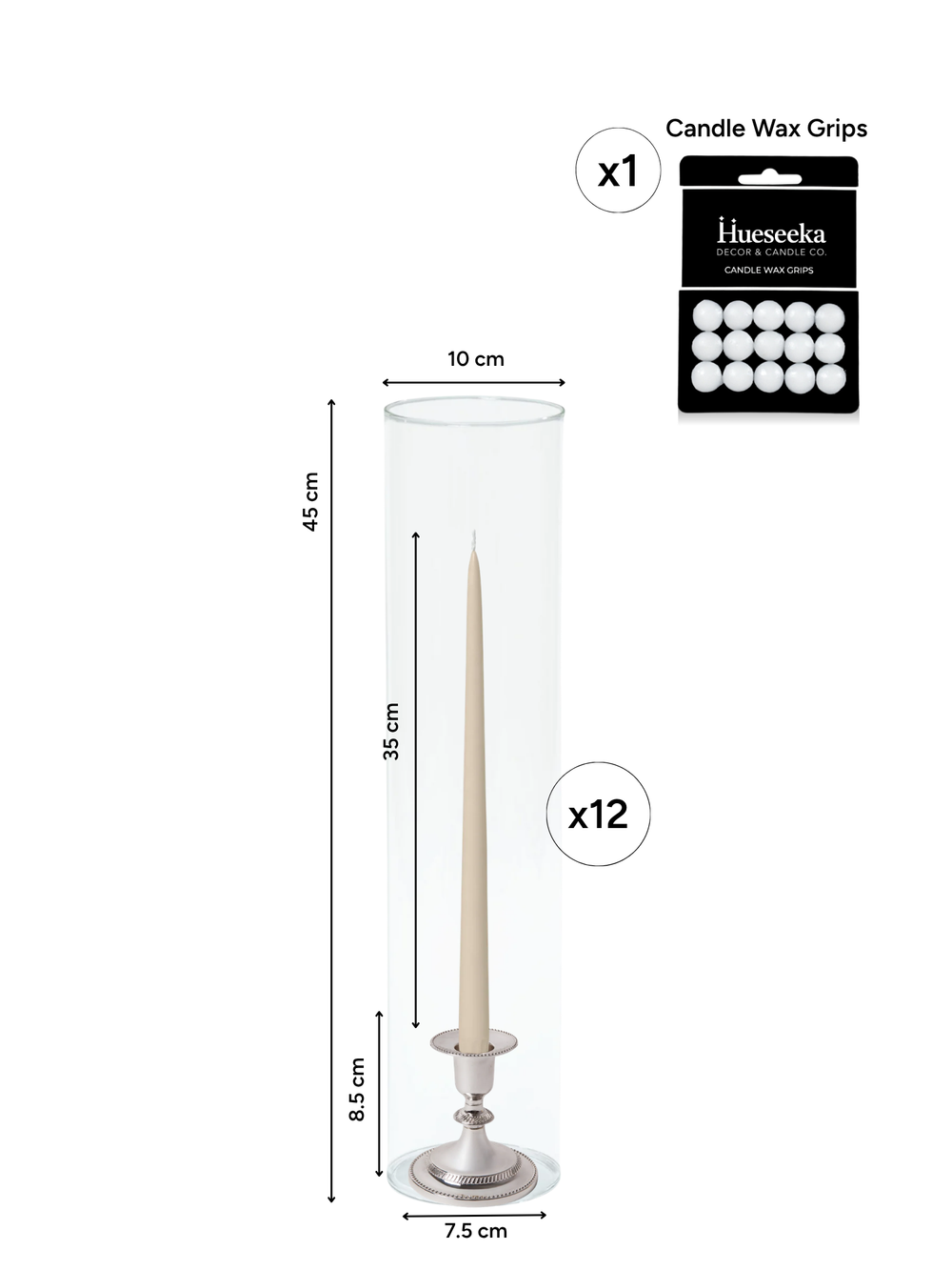 Sandstone 35cm Taper Candles with Small Antique Silver Eloise Candle Holders and Sleeves - Set of 12 Pack of 12
