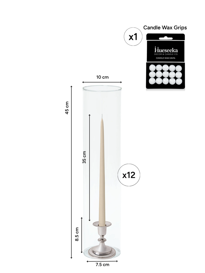 Sandstone 35cm Taper Candles with Small Antique Silver Eloise Candle Holders and Sleeves - Set of 12 Pack of 12
