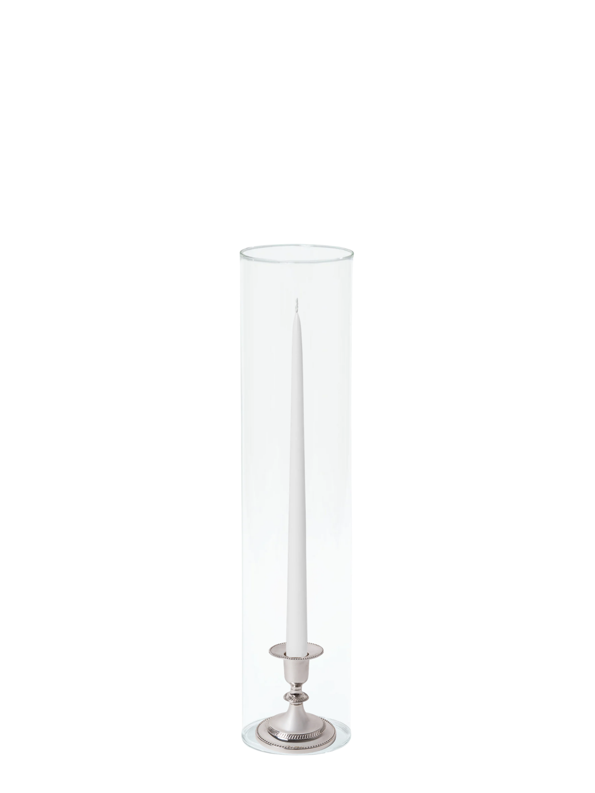 White 35cm Taper Candles with Small Antique Silver Eloise Candle Holders and Sleeves - Set of 12 Pack of 12