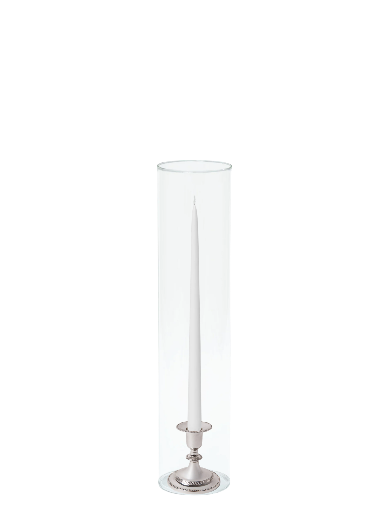 White 35cm Taper Candles with Small Antique Silver Eloise Candle Holders and Sleeves - Set of 12 Pack of 12