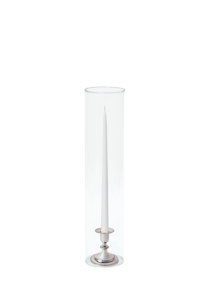 White 35cm Taper Candles with Small Antique Silver Eloise Candle Holders and Sleeves - Set of 12 Pack of 12