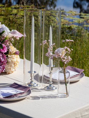 White 35cm Taper Candles with Small Antique Silver Eloise Candle Holders and Sleeves - Set of 12 Pack of 12