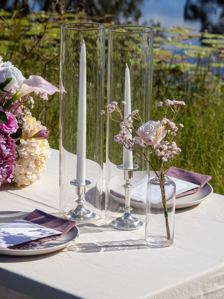 White 35cm Taper Candles with Small Antique Silver Eloise Candle Holders and Sleeves - Set of 12 Pack of 12