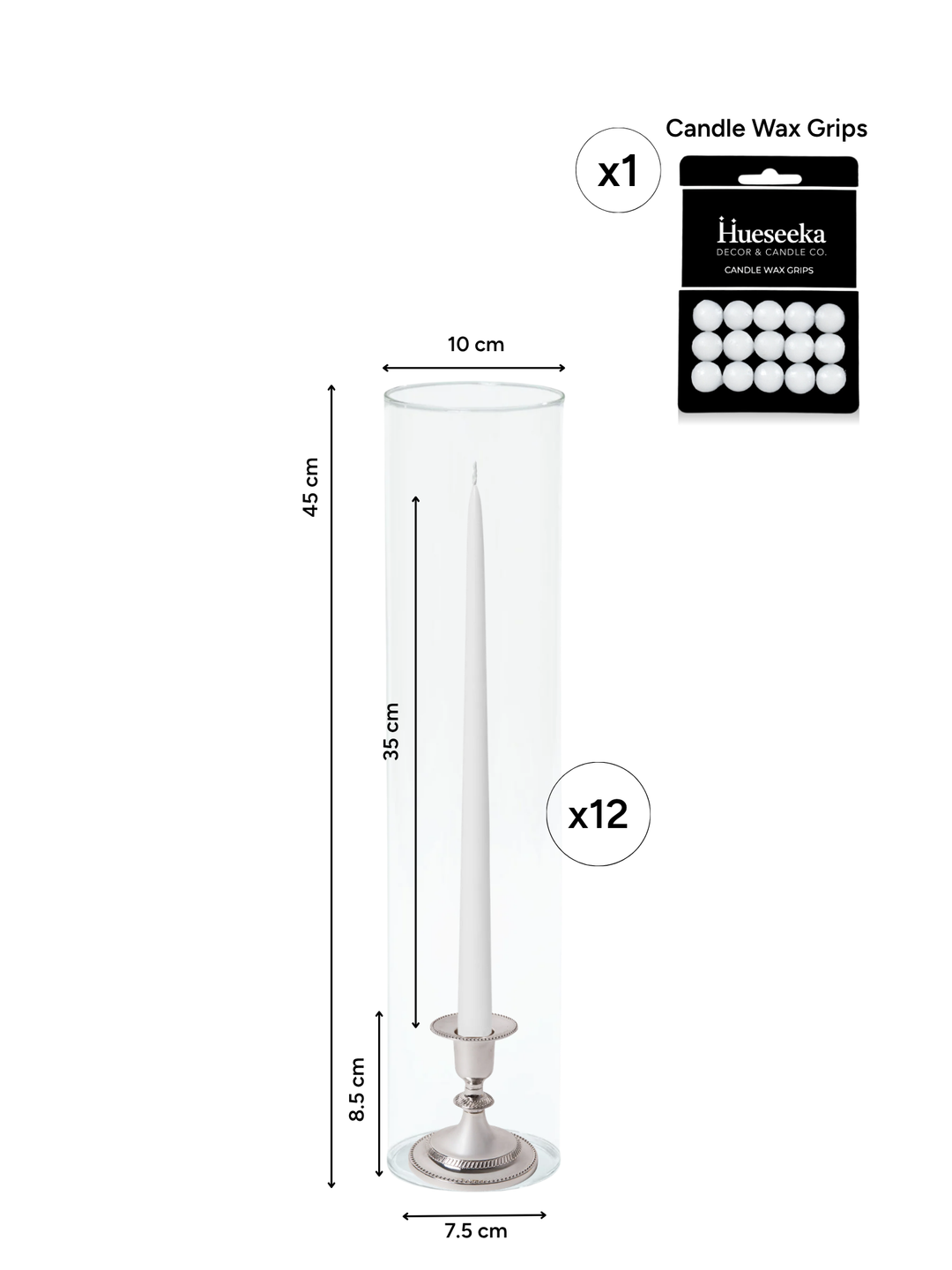 White 35cm Taper Candles with Small Antique Silver Eloise Candle Holders and Sleeves - Set of 12 Pack of 12