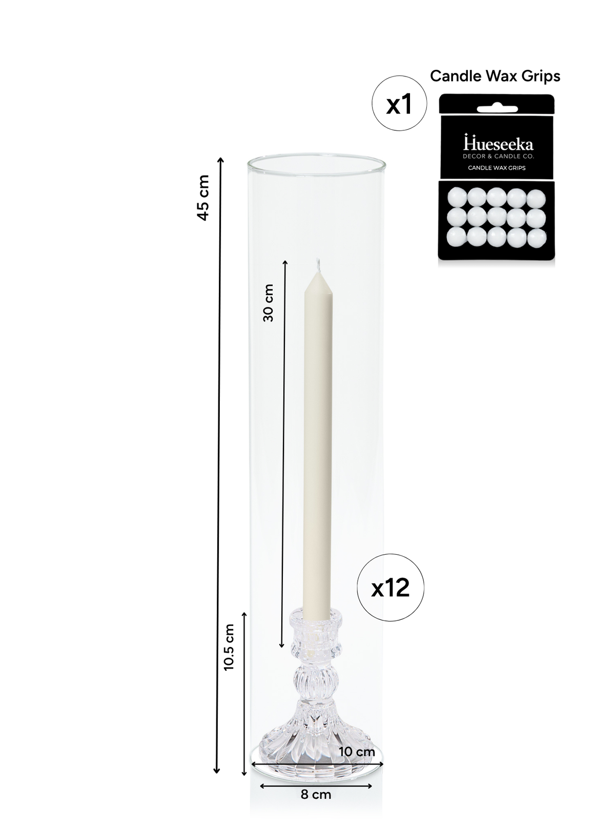 Ivory 30cm Dinner Candles with Estelle Glass Holders and Glass Sleeves - Set of 12