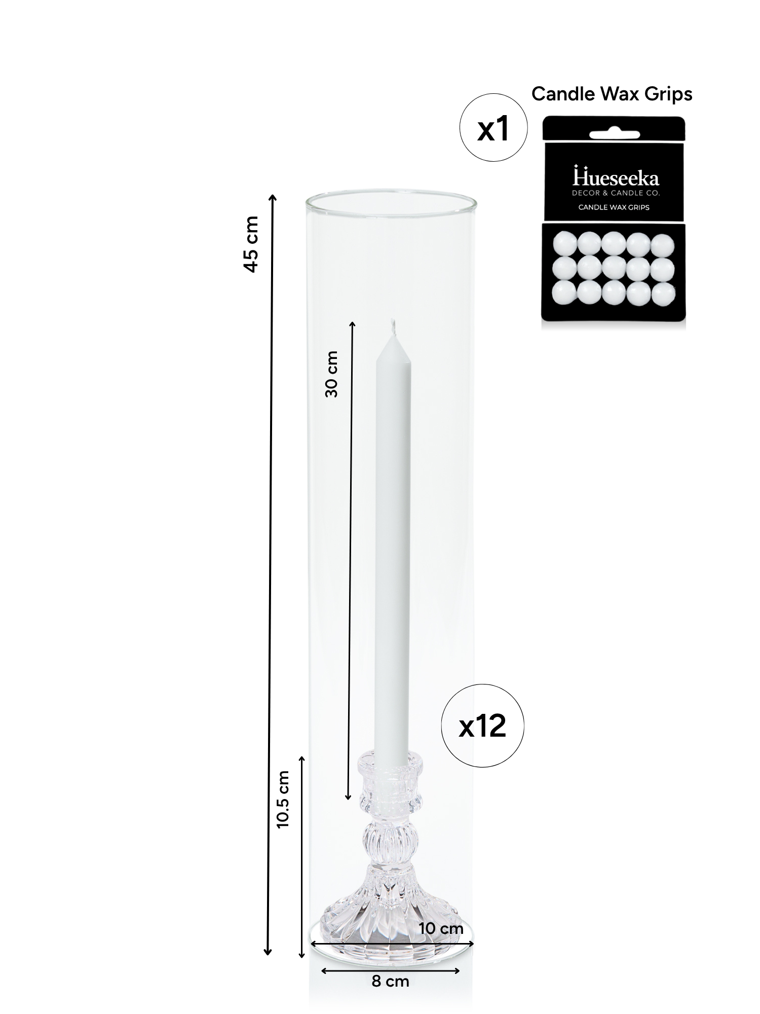 White 30cm Dinner Candles with Estelle Glass Holders and Glass Sleeves - Set of 12 Pack of 12