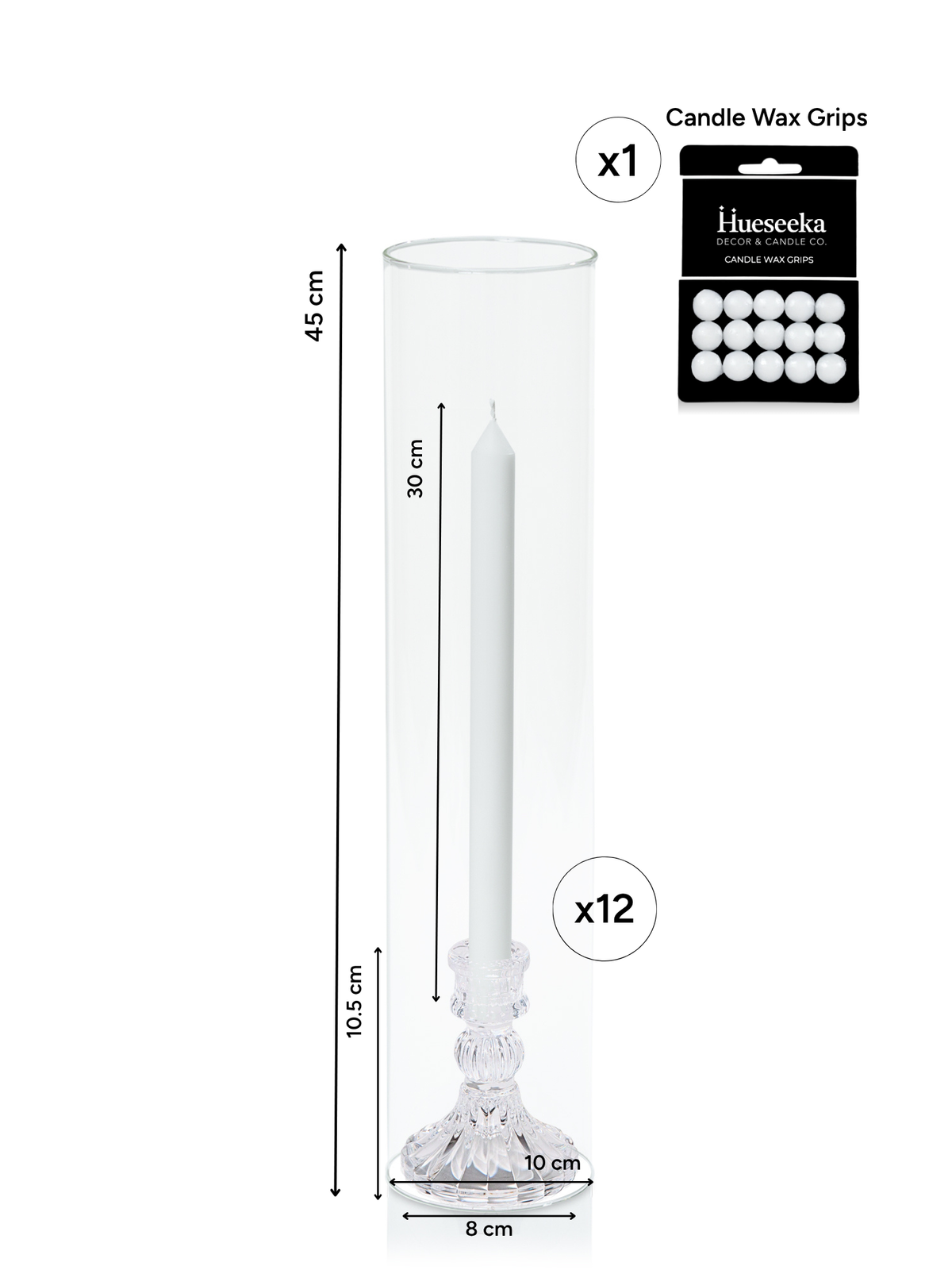 White 30cm Dinner Candles with Estelle Glass Holders and Glass Sleeves - Set of 12 Pack of 12