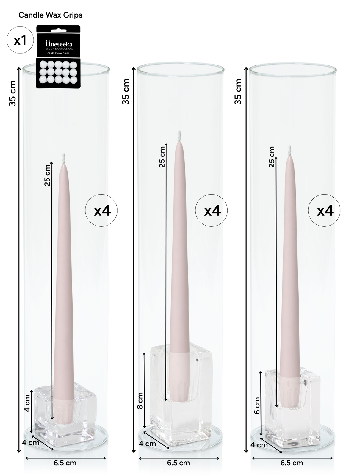 Antique Pink 25cm Taper Candles with Glass Holders and Sleeves Trio - Set of 4 Pack of  4