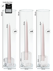 Antique Pink 25cm Taper Candles with Glass Holders and Sleeves Trio - Set of 4 Pack of  4