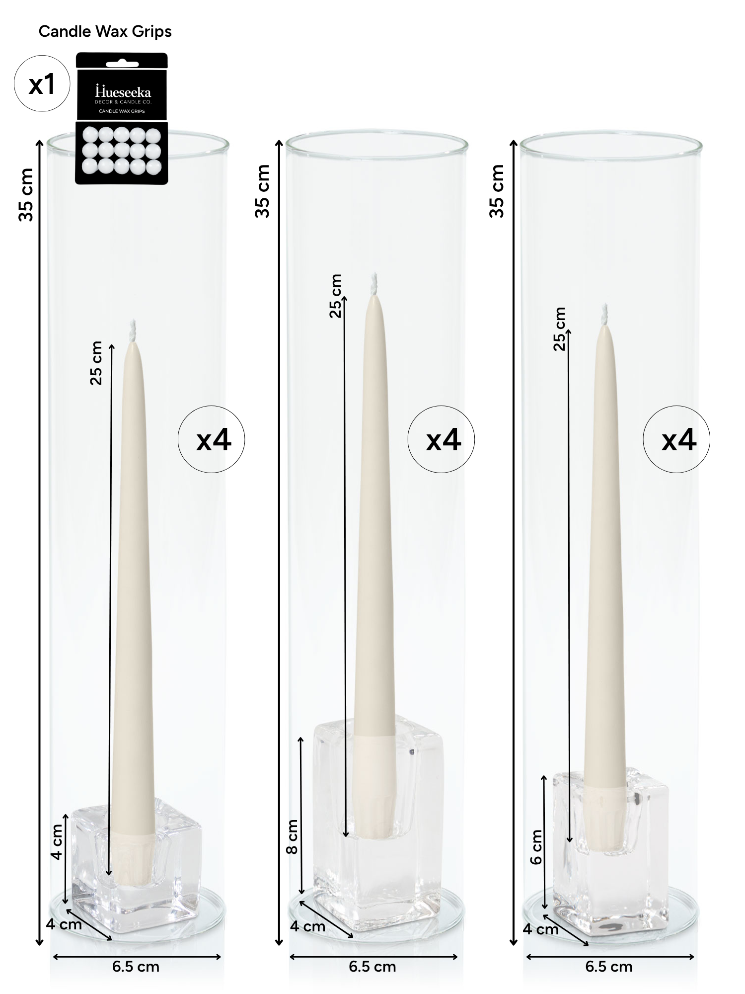 Ivory 25cm Taper Candles with Glass Holders and Sleeves Trio - Set of 4 Pack of  4