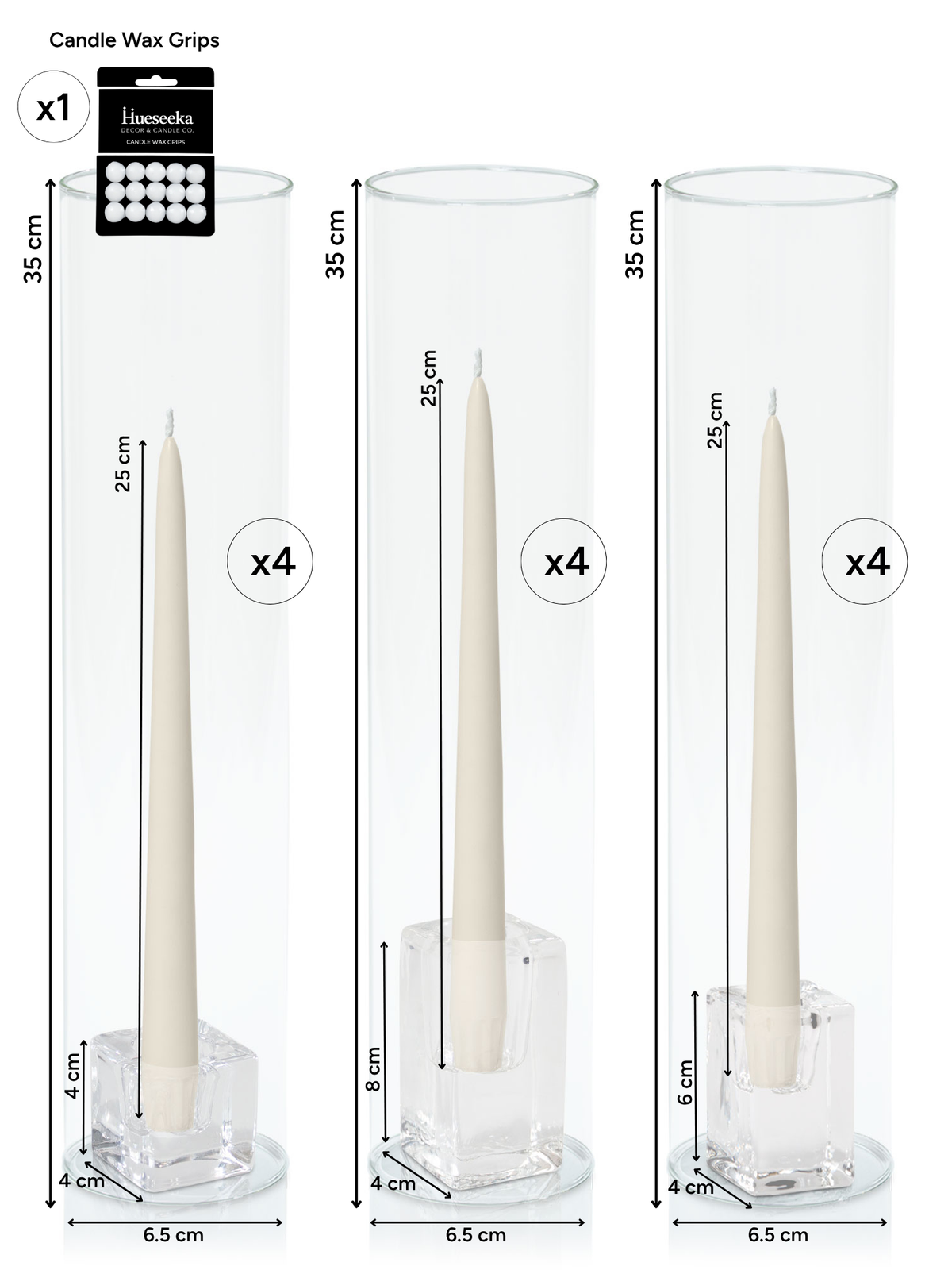 Ivory 25cm Taper Candles with Glass Holders and Sleeves Trio - Set of 4 Pack of  4