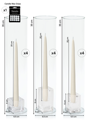 Ivory 25cm Taper Candles with Glass Holders and Sleeves Trio - Set of 4 Pack of  4