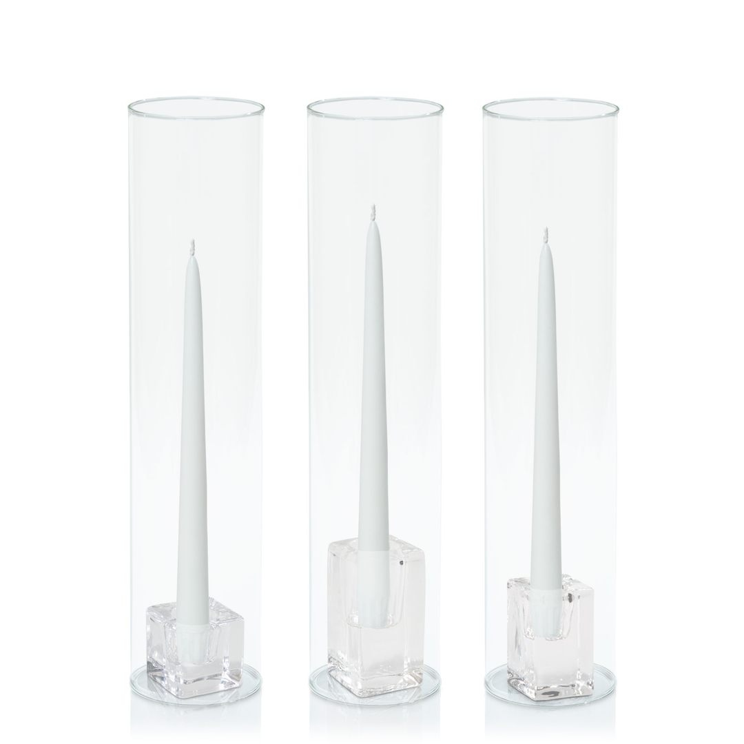 White 25cm Taper Candles with Glass Holders and Sleeves Trio - Set of 4 Pack of 4