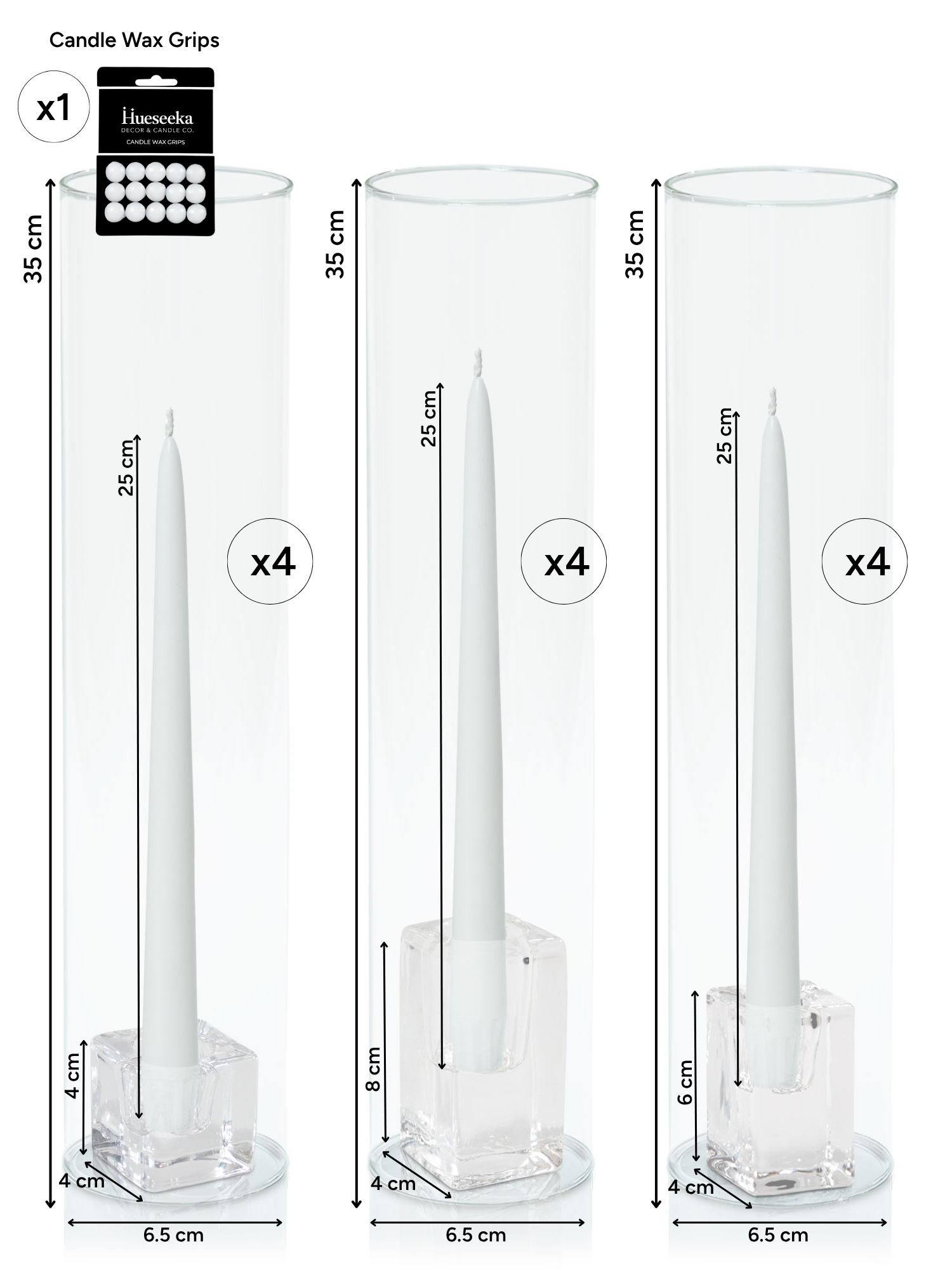 White 25cm Taper Candles with Glass Holders and Sleeves Trio - Set of 4 Pack of 4