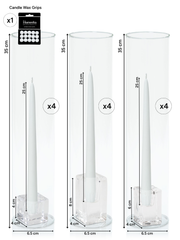White 25cm Taper Candles with Glass Holders and Sleeves Trio - Set of 4 Pack of 4