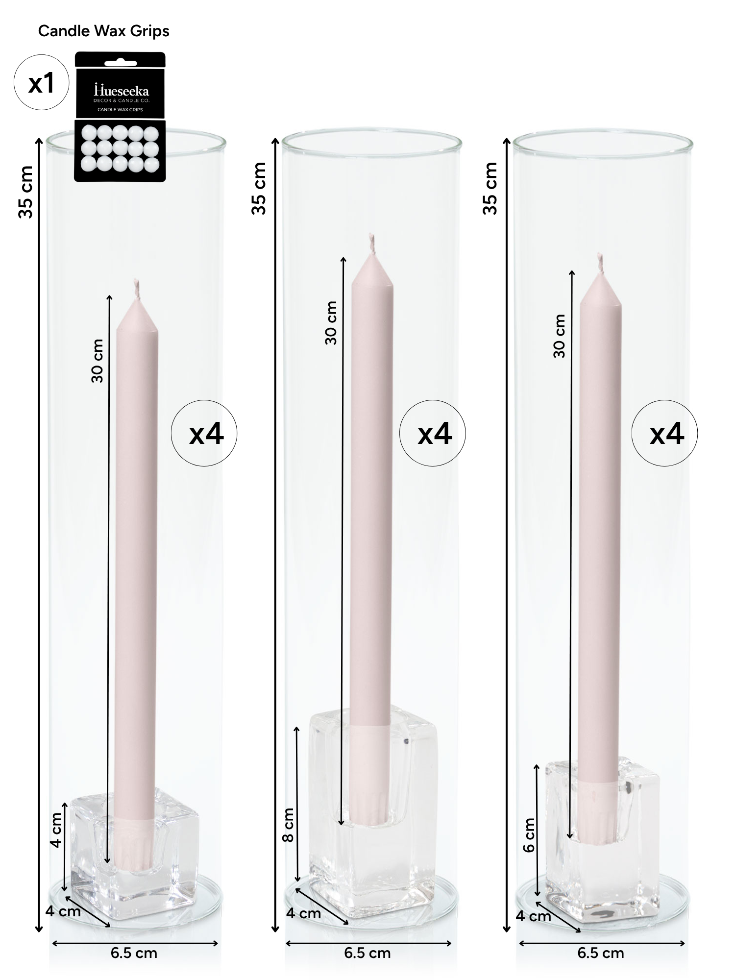 Antique Pink 30cm Dinner Candles with Glass Holders and Sleeves Trio - Set of 4 Pack of  4