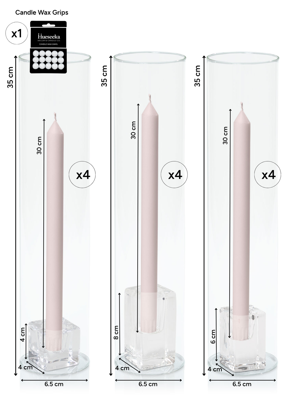 Antique Pink 30cm Dinner Candles with Glass Holders and Sleeves Trio - Set of 4 Pack of  4