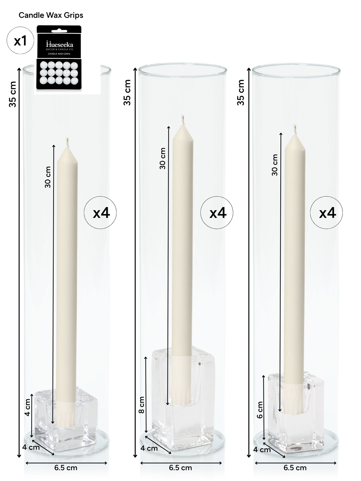 Ivory 30cm Dinner Candles with Glass Holders and Sleeves Trio - Set of 4 Pack of  4
