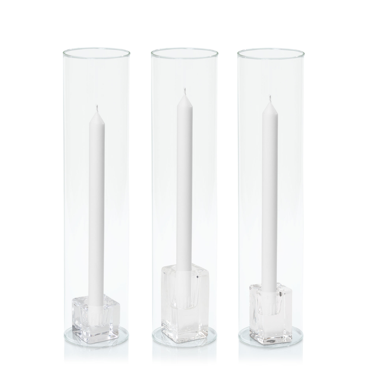 White 30cm Dinner Candles with Glass Holders and Sleeves Trio - Set of 4 Pack of 4