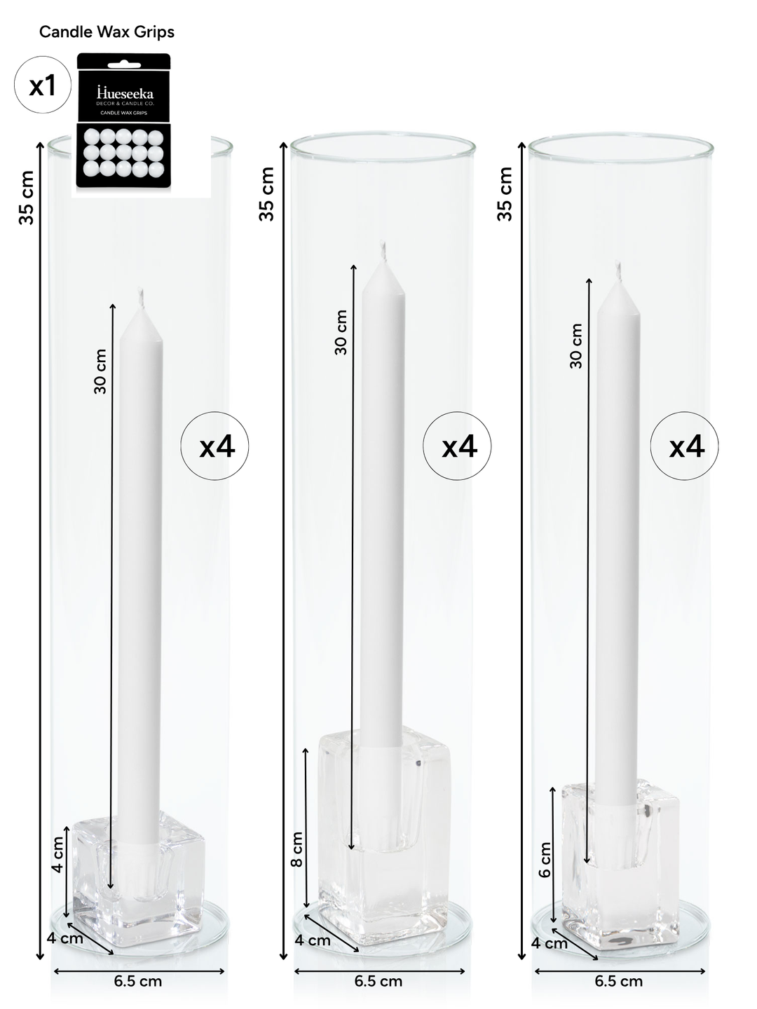 White 30cm Dinner Candles with Glass Holders and Sleeves Trio - Set of 4 Pack of 4