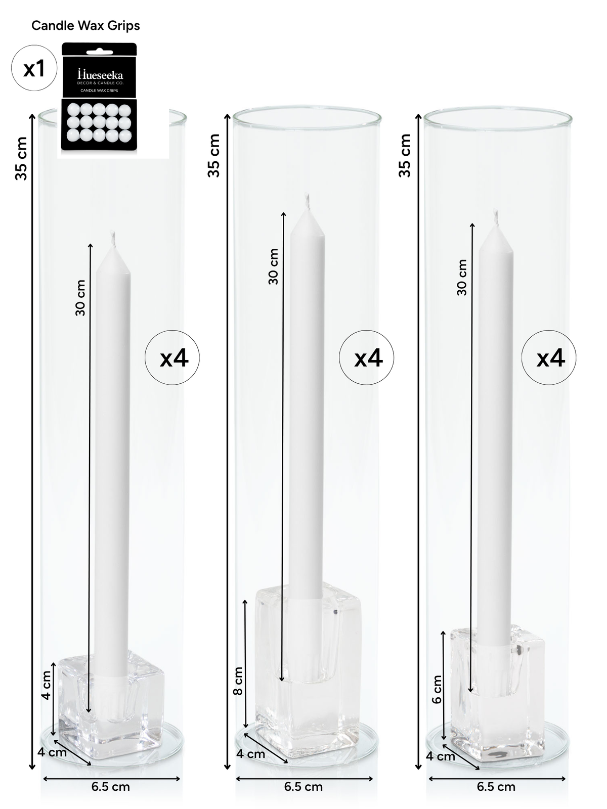 White 30cm Dinner Candles with Glass Holders and Sleeves Trio - Set of 4 Pack of 4