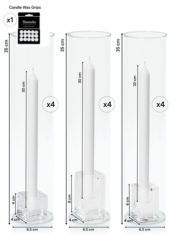 White 30cm Dinner Candles with Glass Holders and Sleeves Trio - Set of 4 Pack of 4