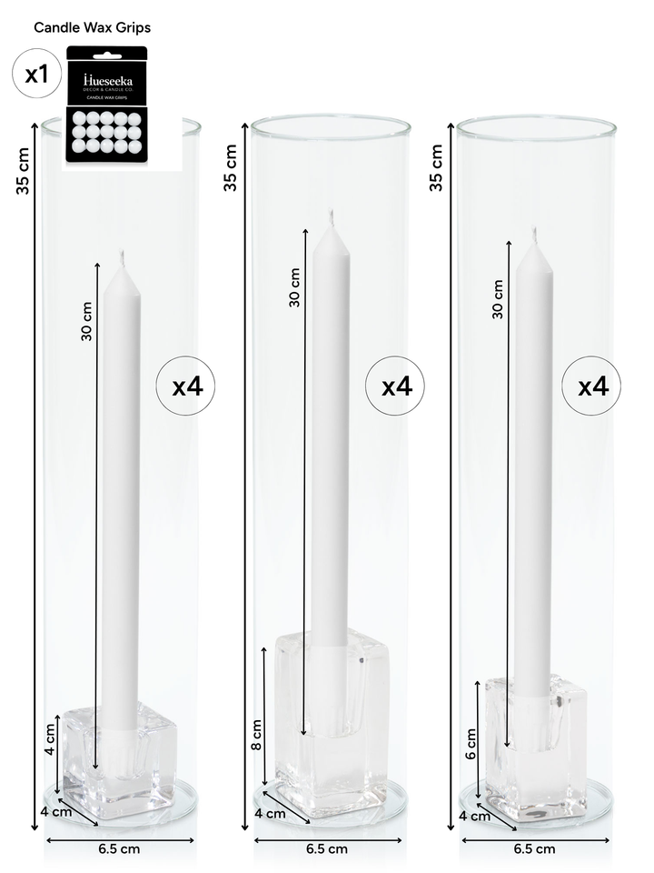 White 30cm Dinner Candles with Glass Holders and Sleeves Trio - Set of 4 Pack of 4