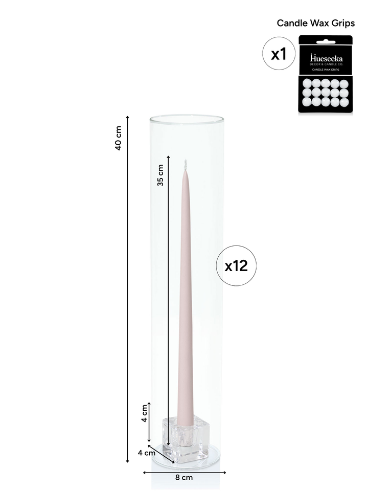 Antique Pink 35cm Taper Candles with Small Glass Holders and Sleeves - Set of 12