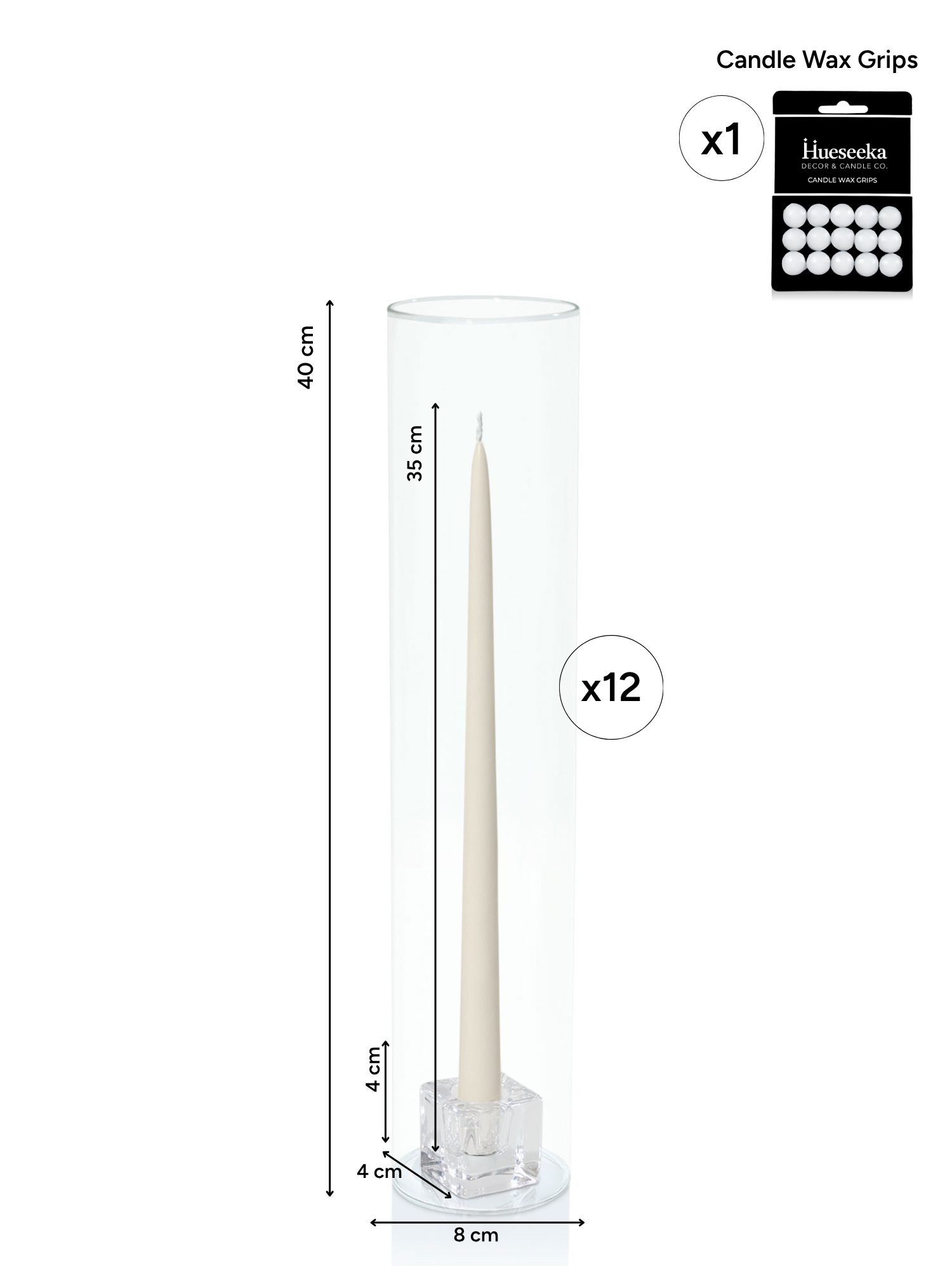 Ivory 35cm Taper Candles with Small Glass Holders and Sleeves - Set of 12