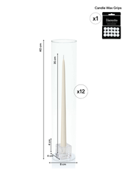 Ivory 35cm Taper Candles with Small Glass Holders and Sleeves - Set of 12