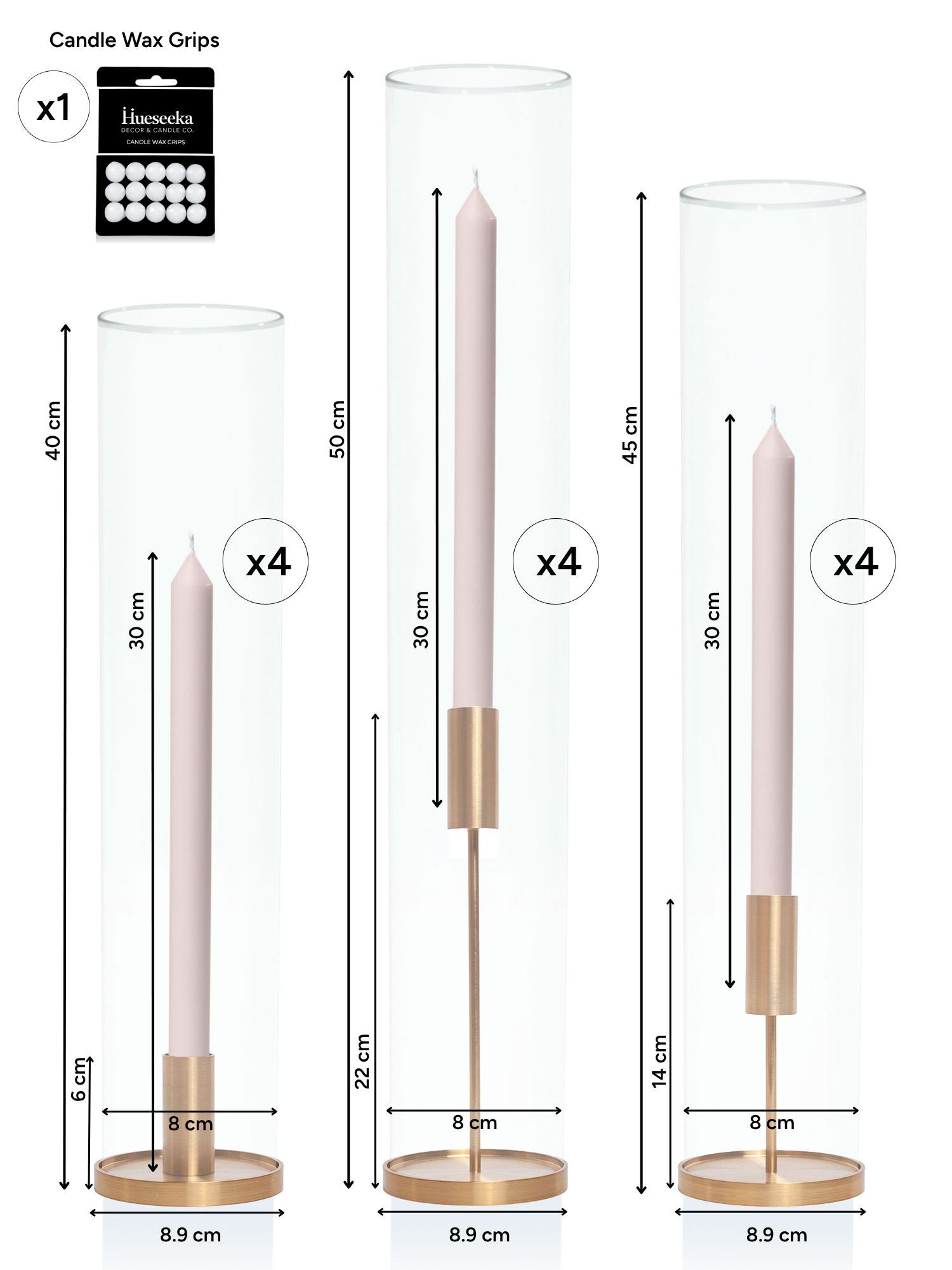 Antique Pink 30cm Dinner Candles with Gold Metal Holders and Sleeves Trio - Set of 4 Pack of  4