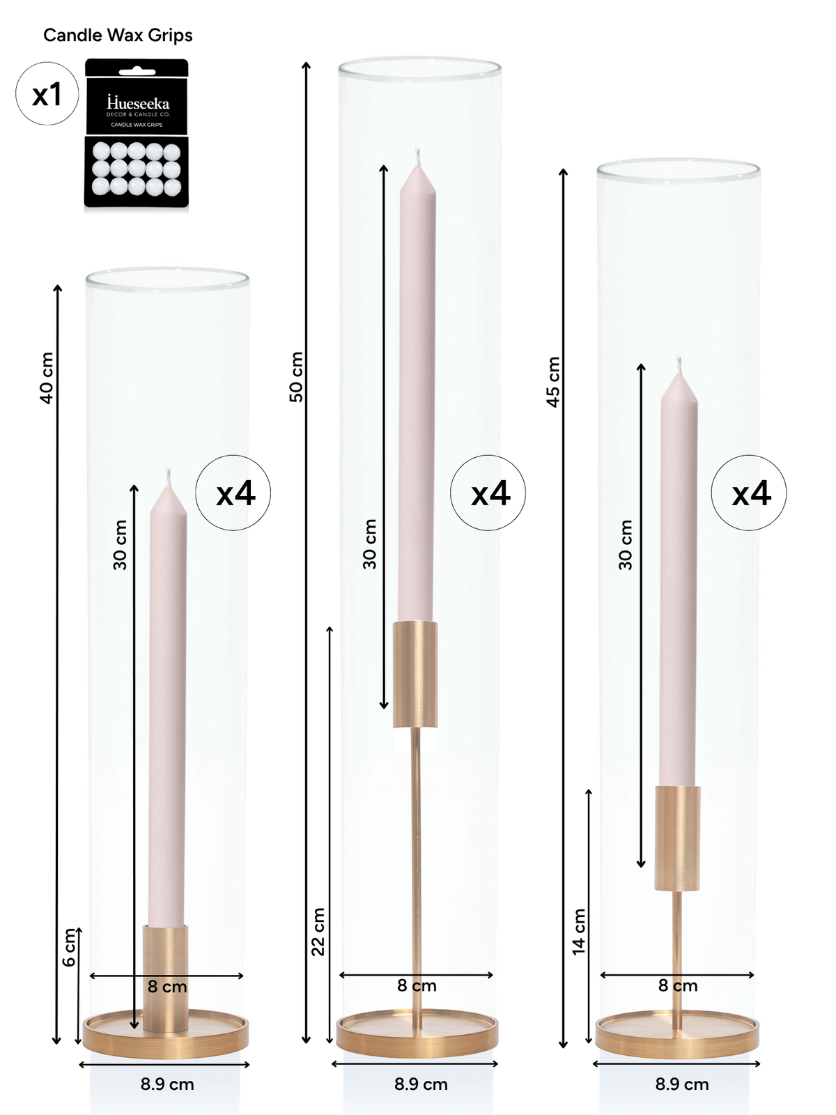 Antique Pink 30cm Dinner Candles with Gold Metal Holders and Sleeves Trio - Set of 4 Pack of  4