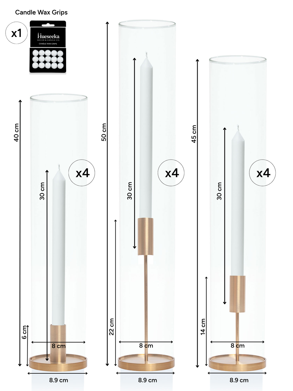 White 30cm Dinner Candles with Gold Metal Holders and Sleeves Trio - Set of 4 Pack of 4