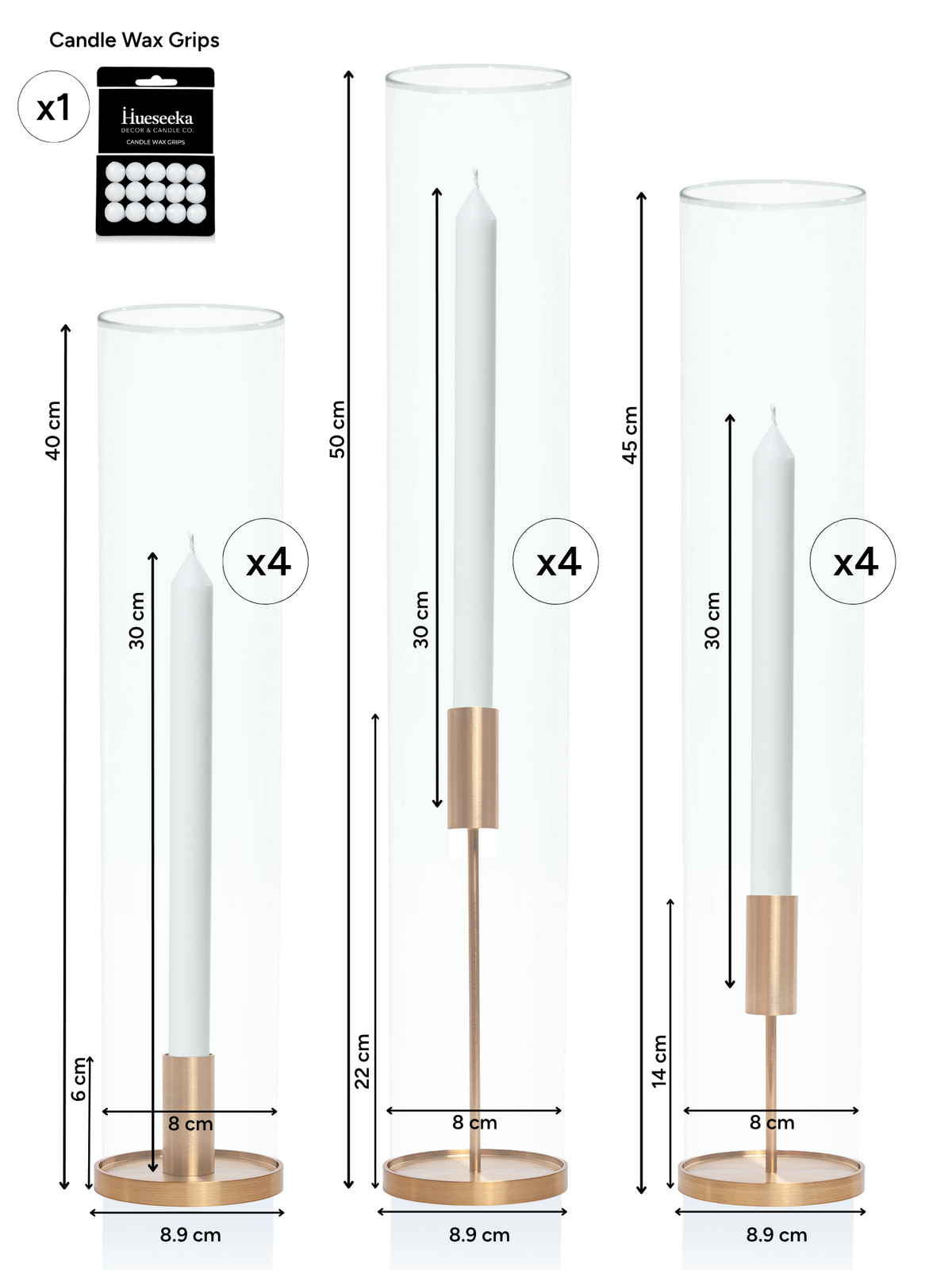 White 30cm Dinner Candles with Gold Metal Holders and Sleeves Trio - Set of 4 Pack of 4