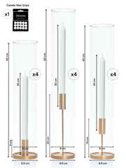 White 30cm Dinner Candles with Gold Metal Holders and Sleeves Trio - Set of 4 Pack of 4