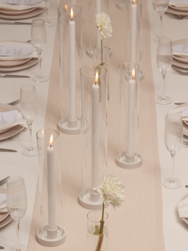 White 25cm Taper Candles with Small White Amara Ceramic Holders and Sleeves - Set of 12 Pack of 12