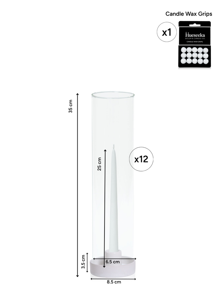White 25cm Taper Candles with Small White Amara Ceramic Holders and Sleeves - Set of 12 Pack of 12