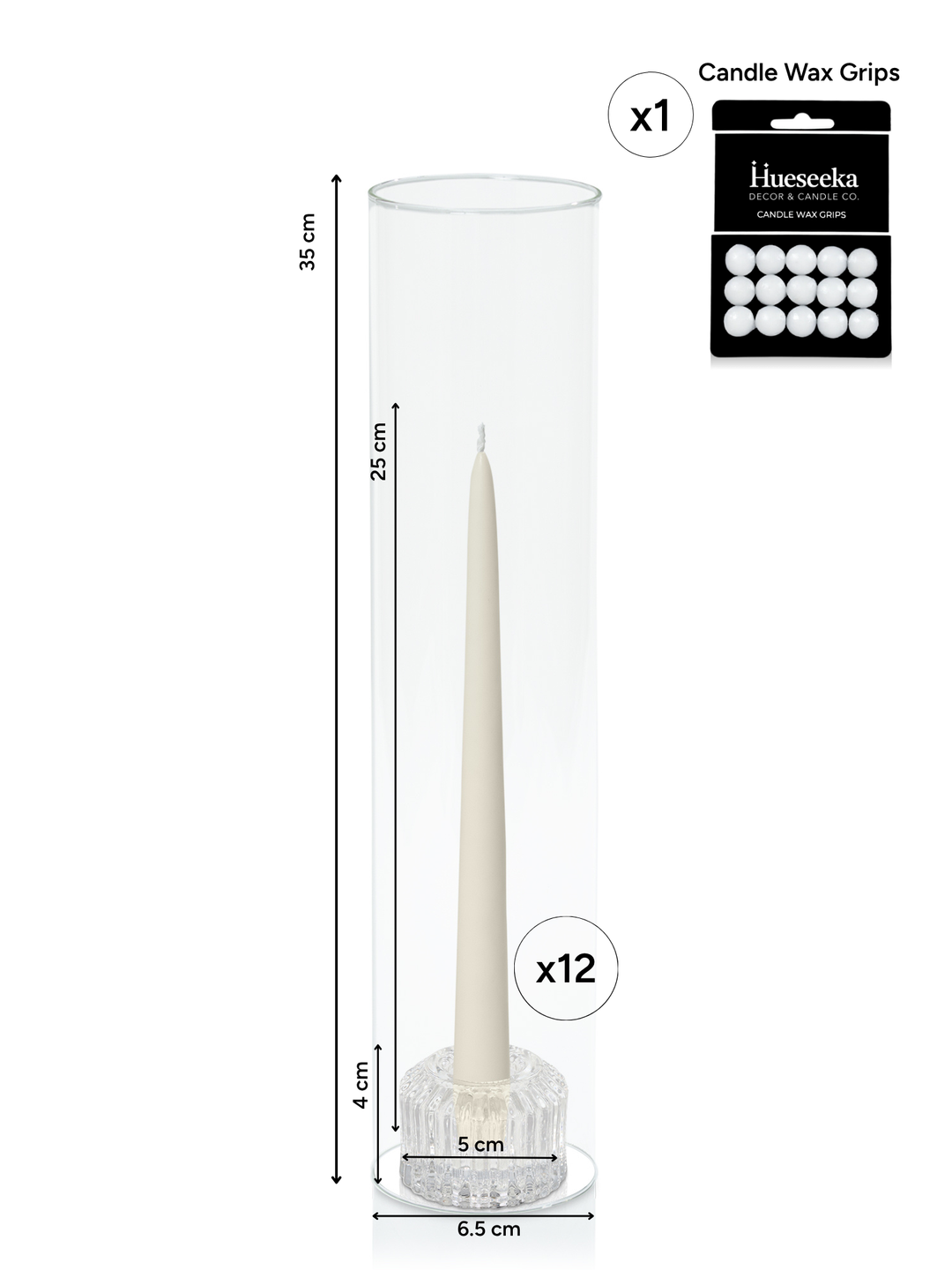 Ivory 25cm Taper Candles with Bella Vintage Glass Holders and Glass Sleeves - Set of 12 Pack of 12